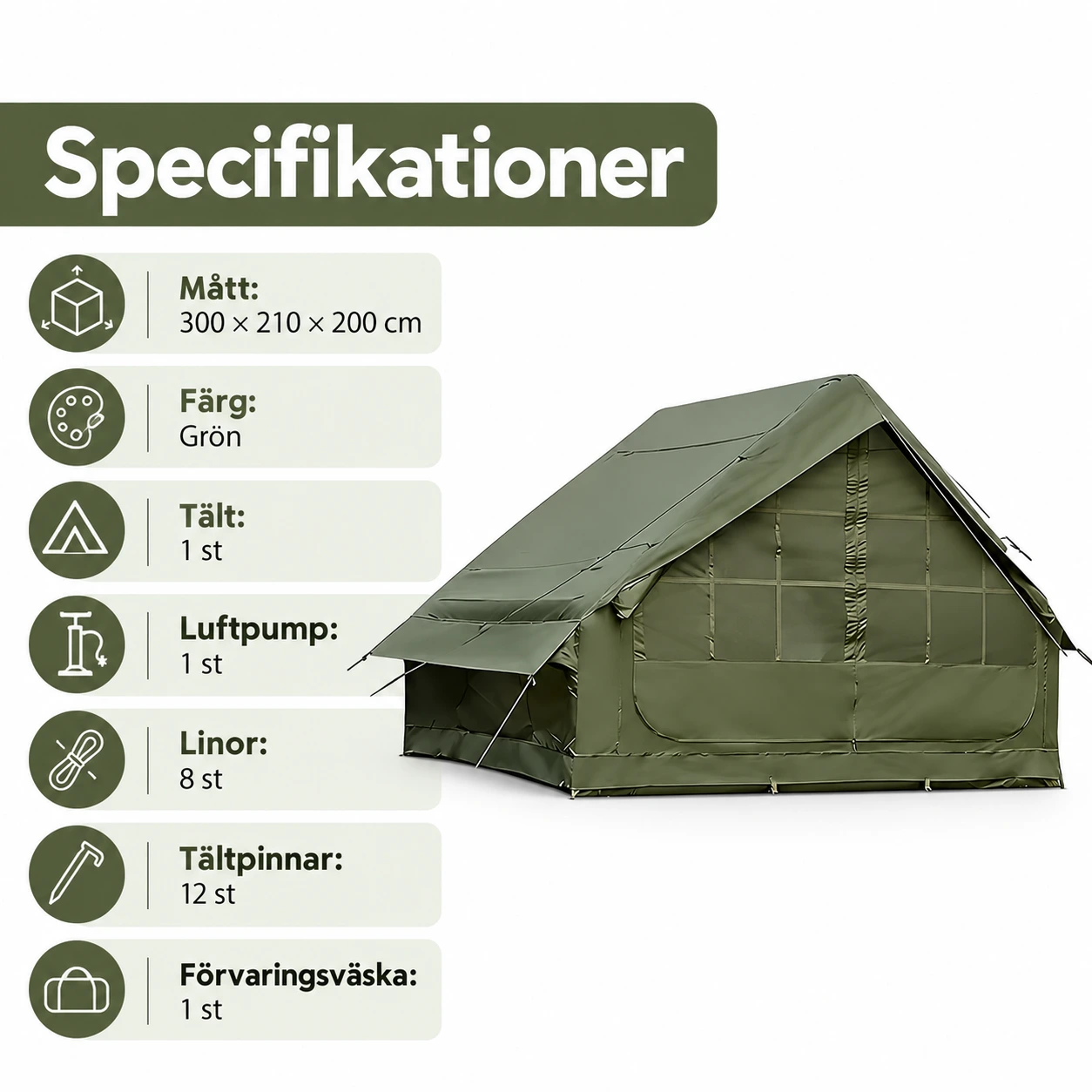Uppblåsbart campingtält med kaminöppning 300 x 210 cm