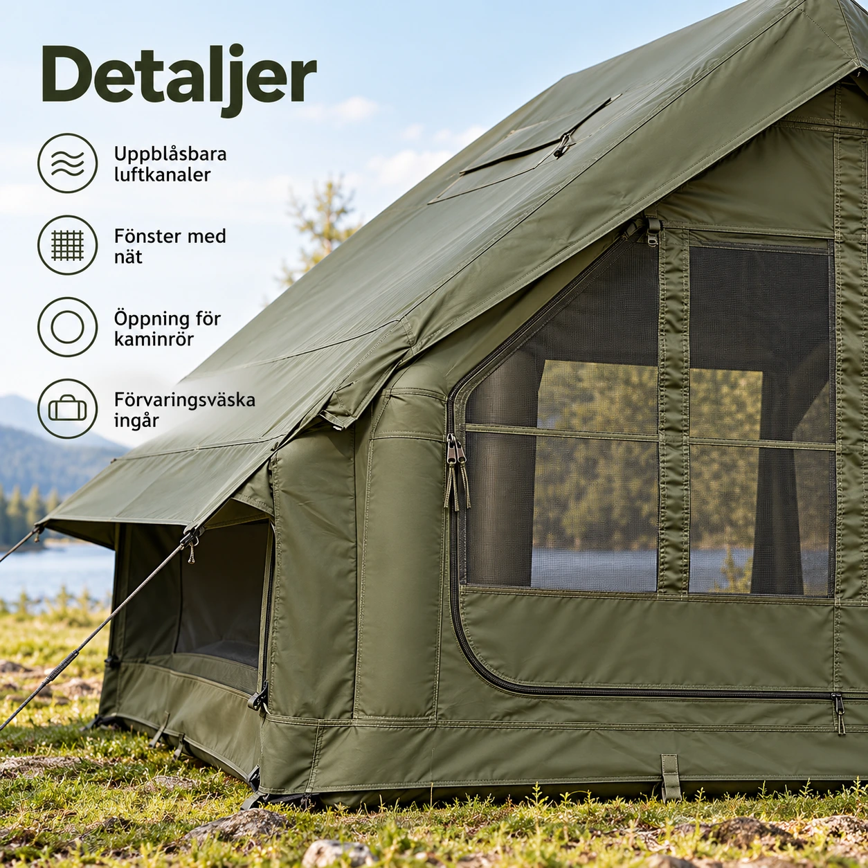 Uppblåsbart campingtält med kaminöppning 300 x 210 cm