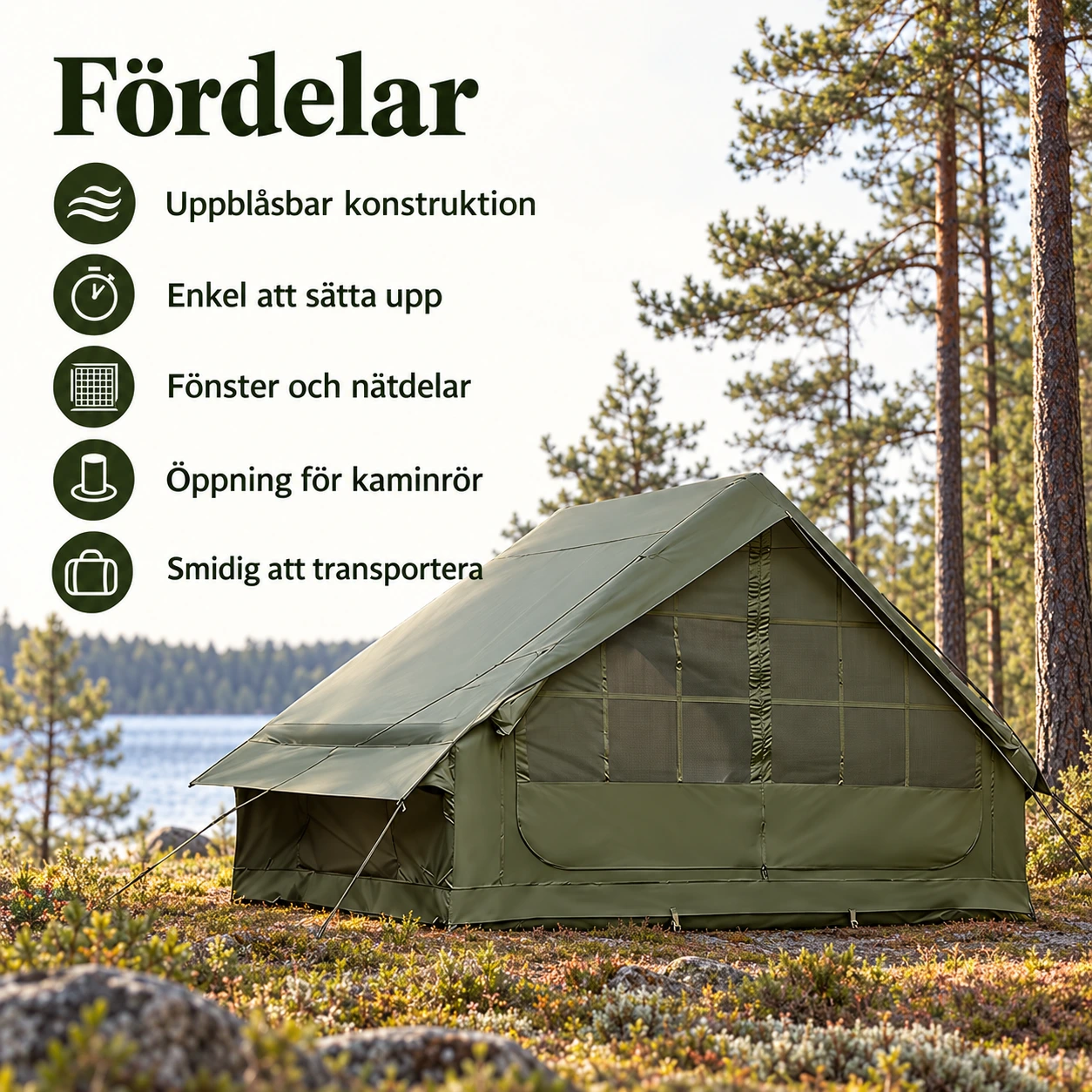 Uppblåsbart campingtält med kaminöppning 300 x 210 cm