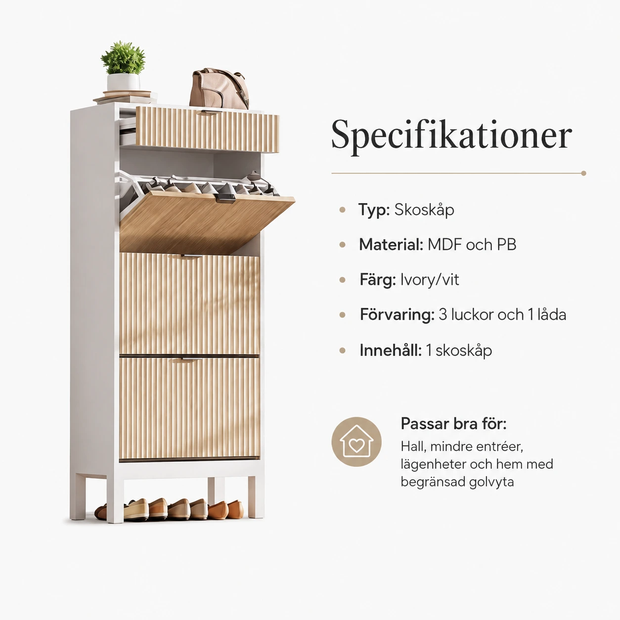 Skoskåp för hall med 3 luckor och 1 låda