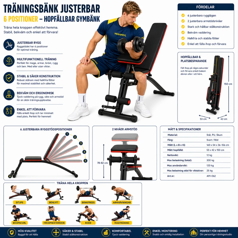 Träningsbänk Justerbar – 6 Positioner – Hopfällbar Gymbänk