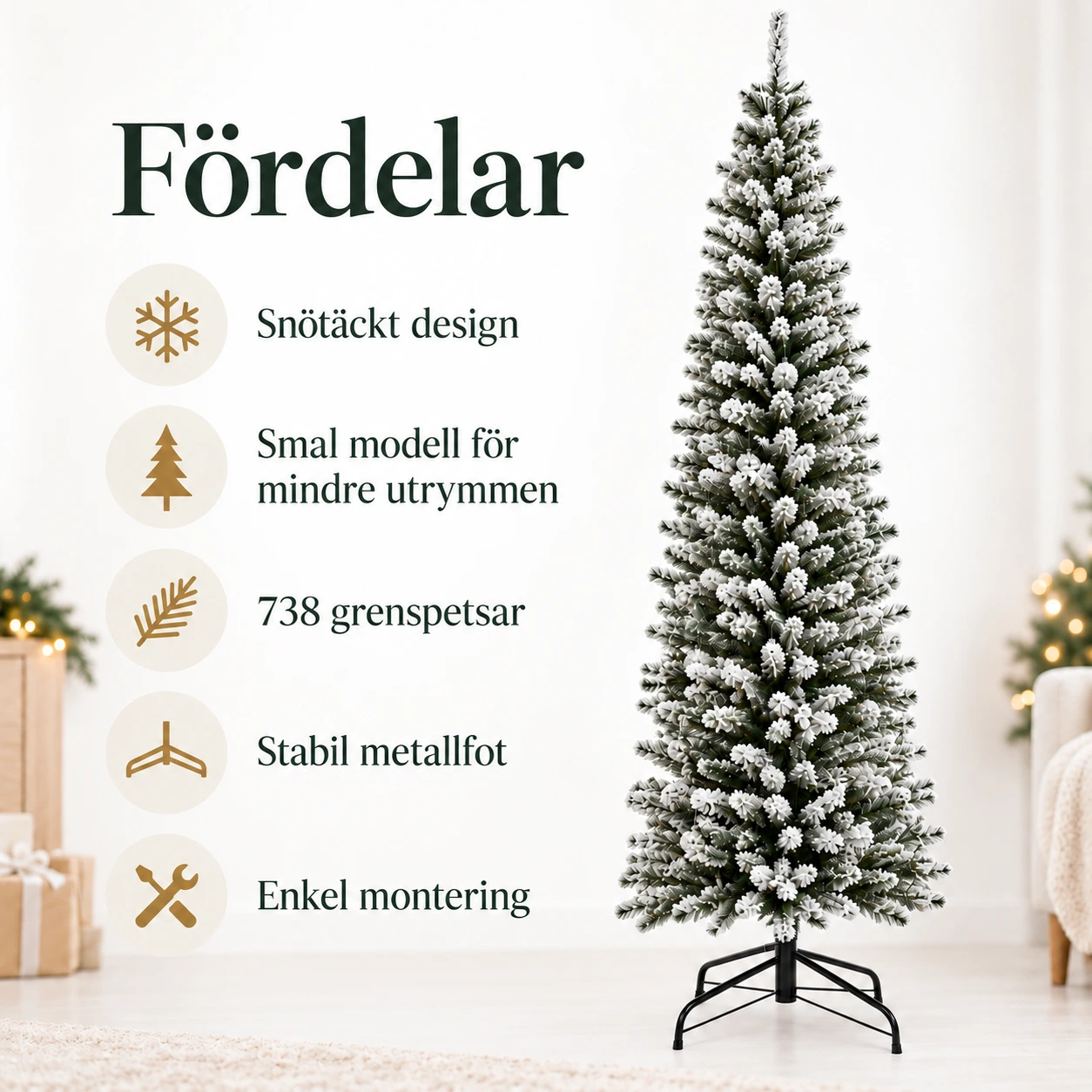 Smalt kunstig juletre med snøeffekt og metallfot – 225 cm