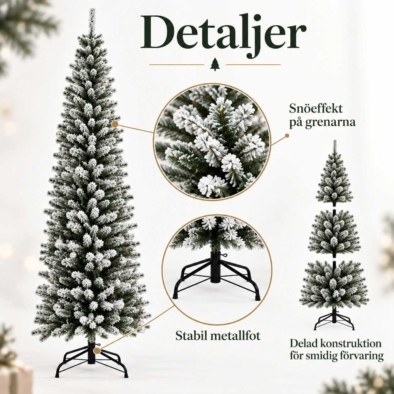 Smalt kunstig juletre med snøeffekt og metallfot – 225 cm