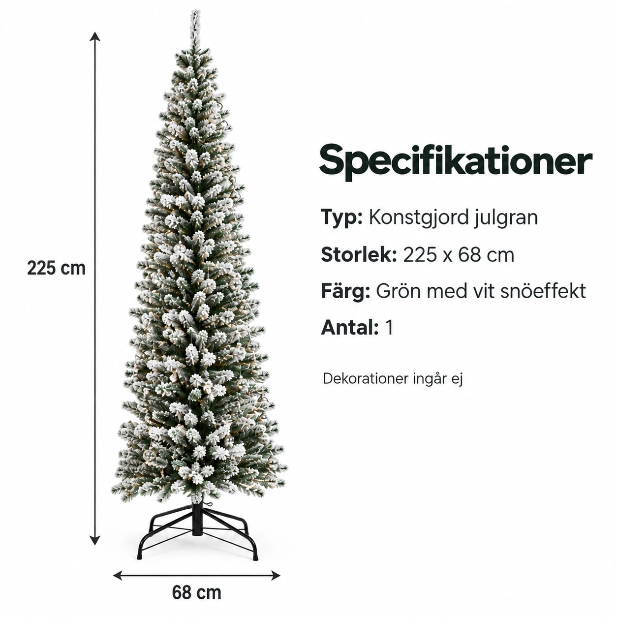 Smalt kunstig juletre med snøeffekt og metallfot – 225 cm