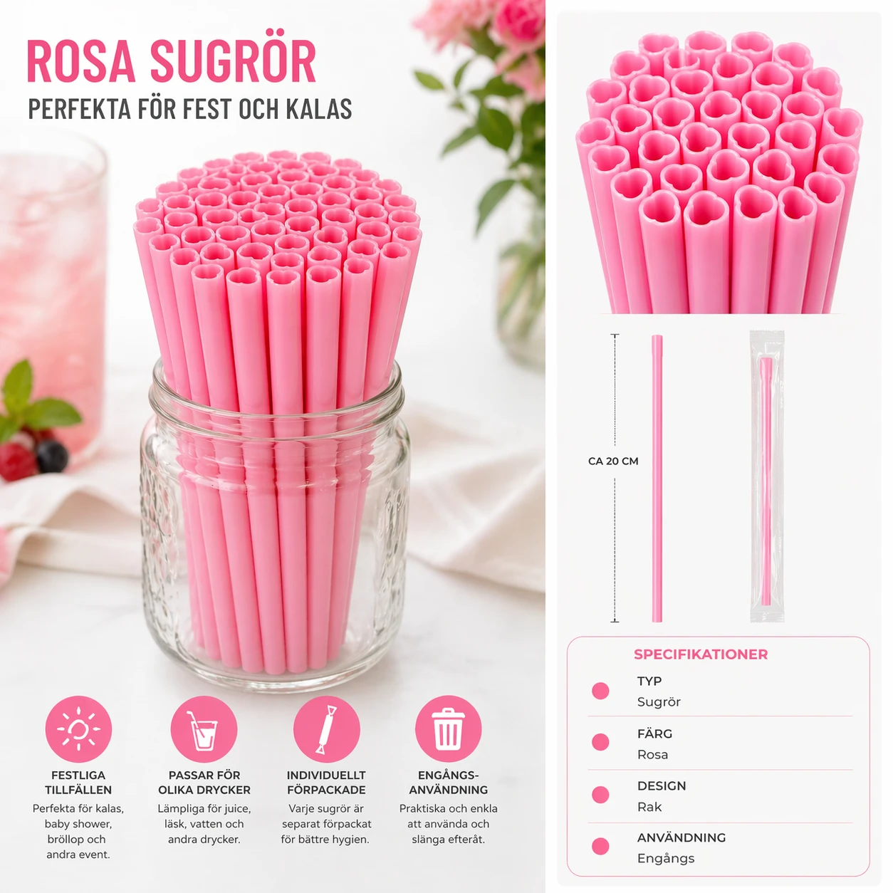 Rosa Sugrör Hjärta – 100-400 pack