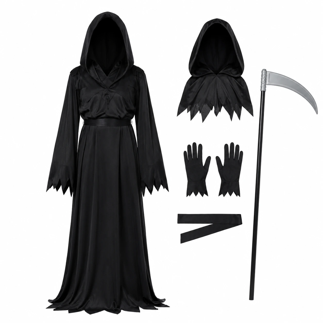Döden-kostym för Halloween med kåpa och lie
