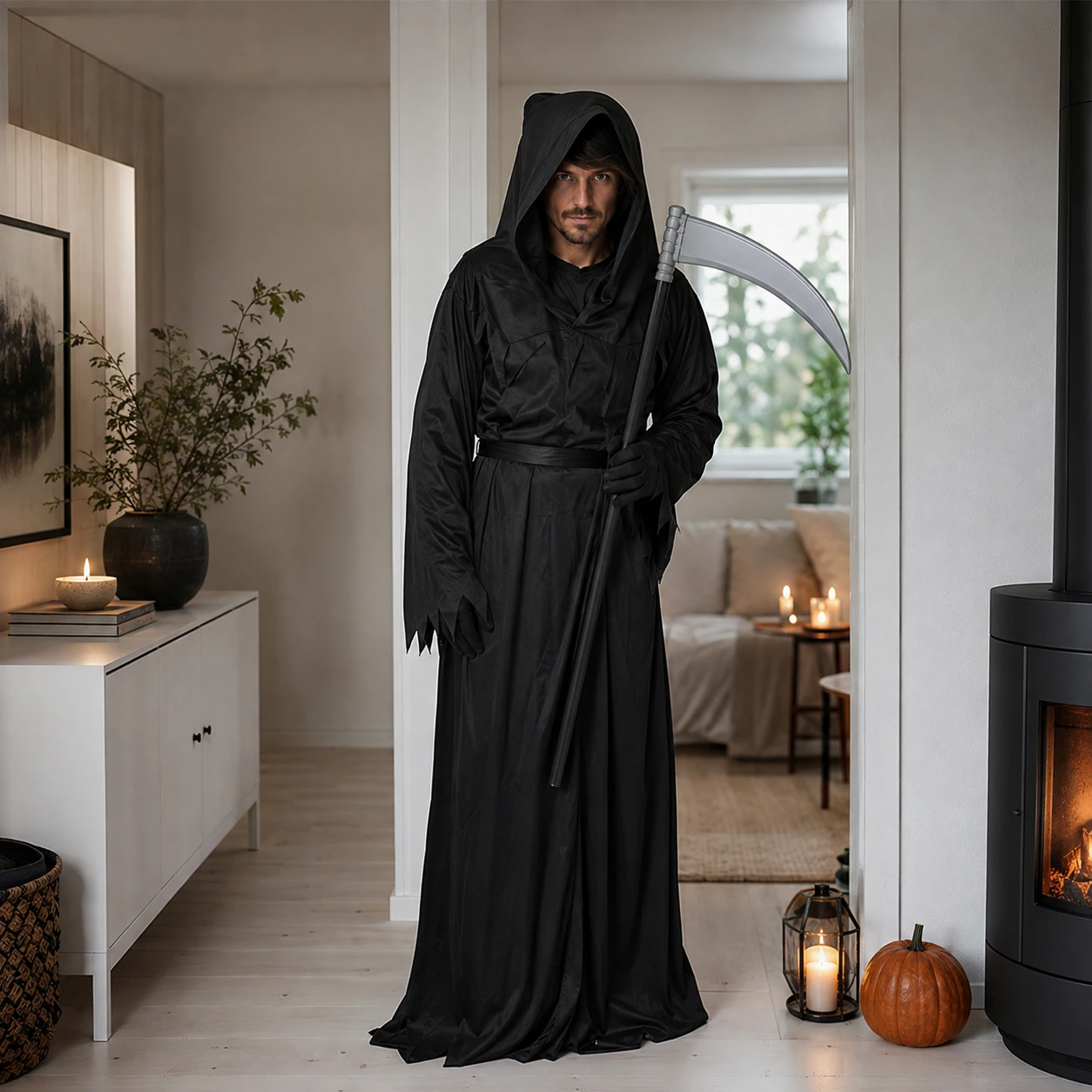 Döden-kostym för Halloween med kåpa och lie