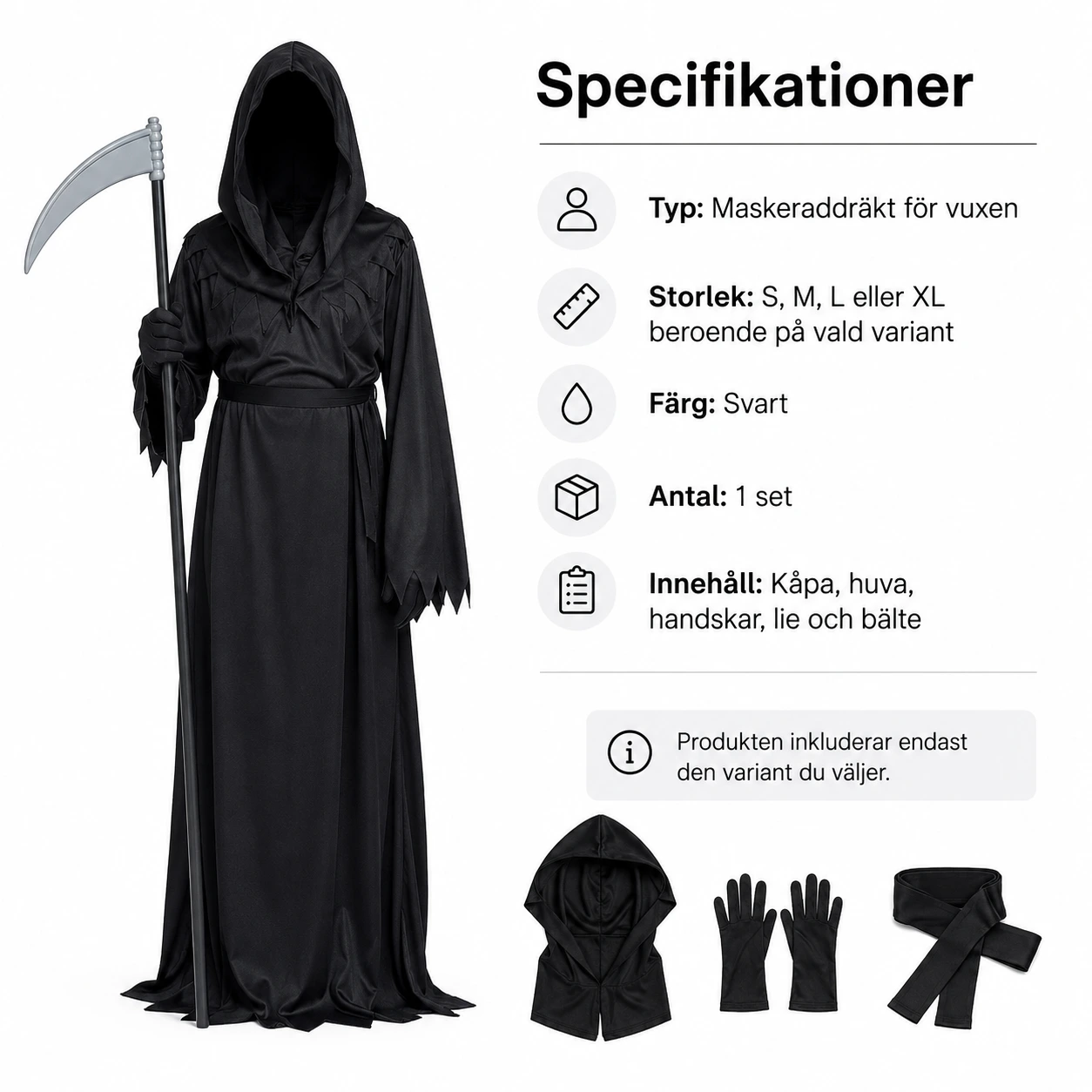 Döden-kostym för Halloween med kåpa och lie