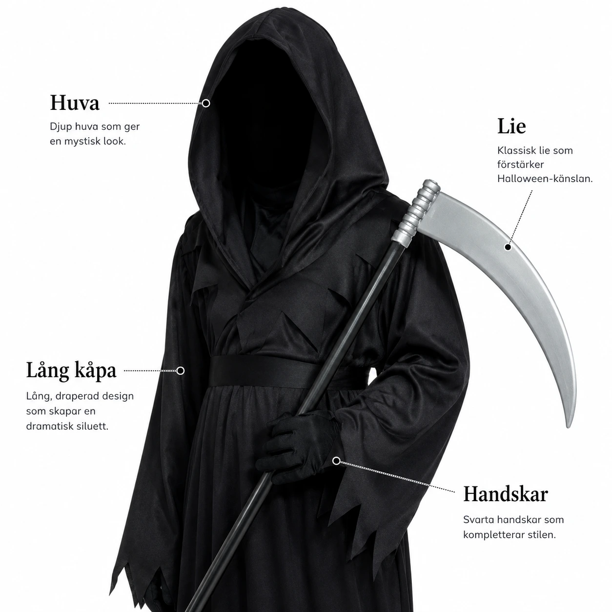 Döden-kostym för Halloween med kåpa och lie