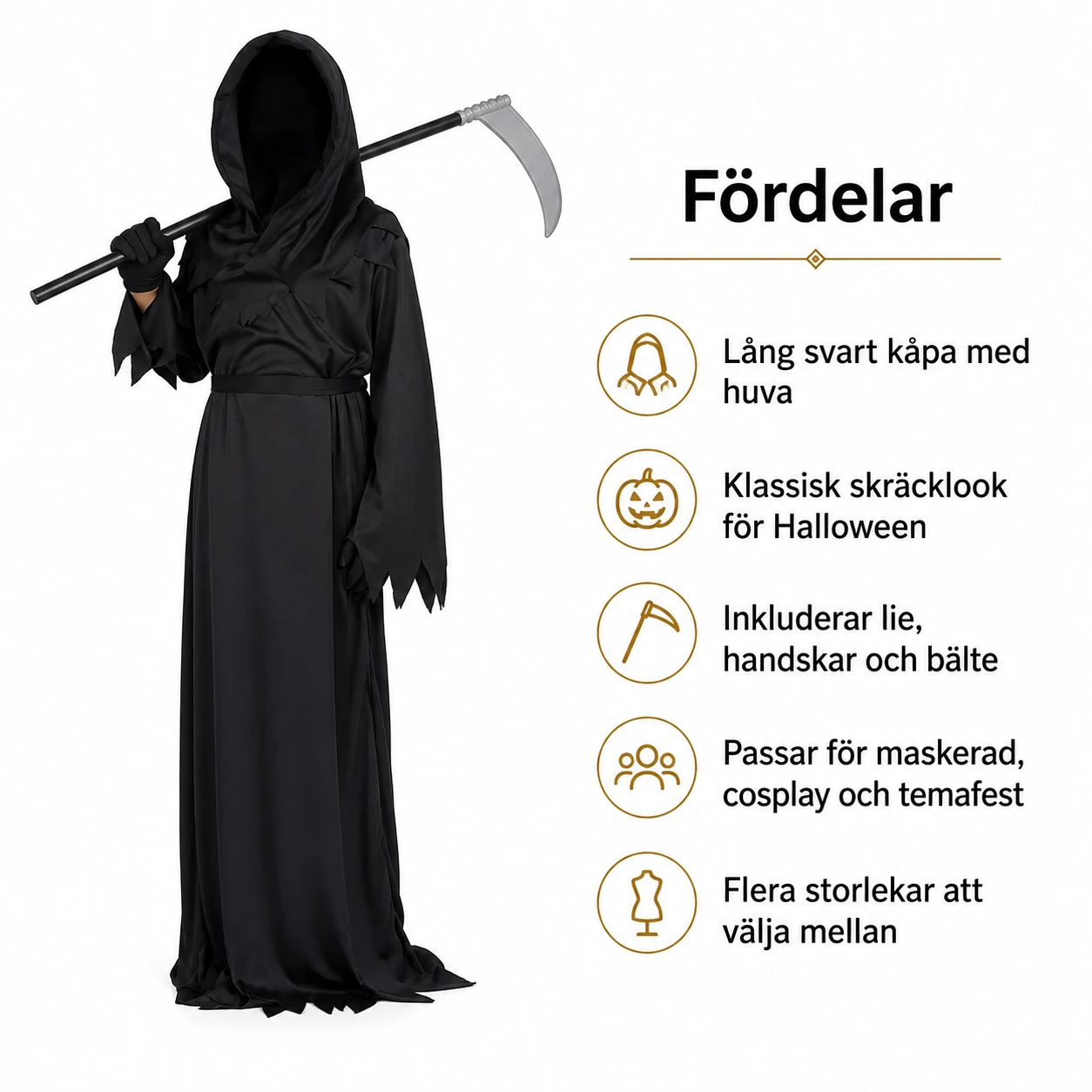 Döden-kostym för Halloween med kåpa och lie