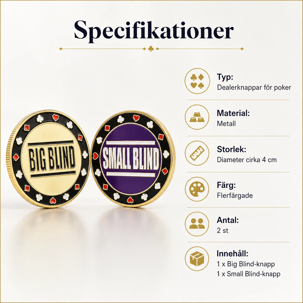 Dealerknappar för poker i metall, 2-pack