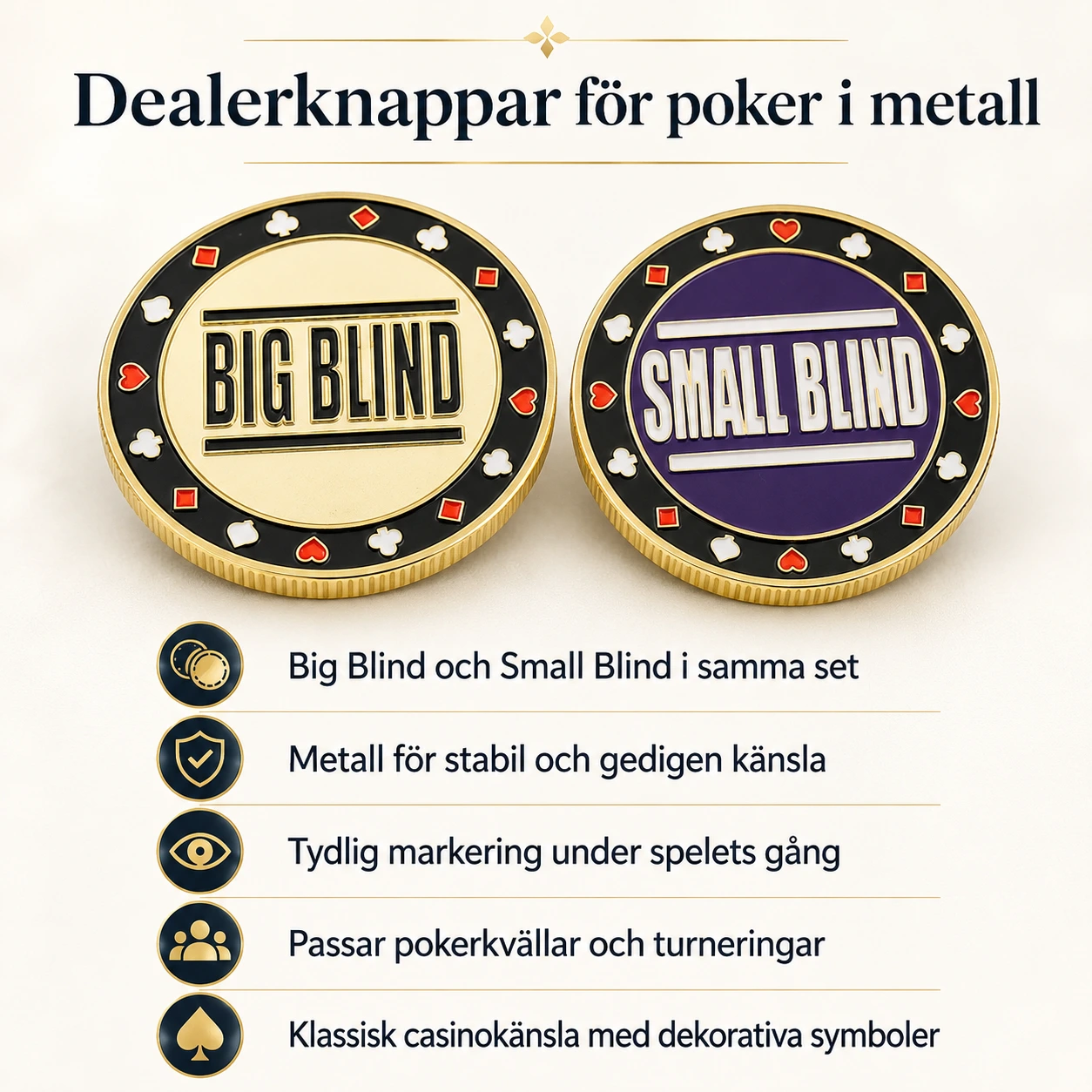 Dealerknappar för poker i metall, 2-pack