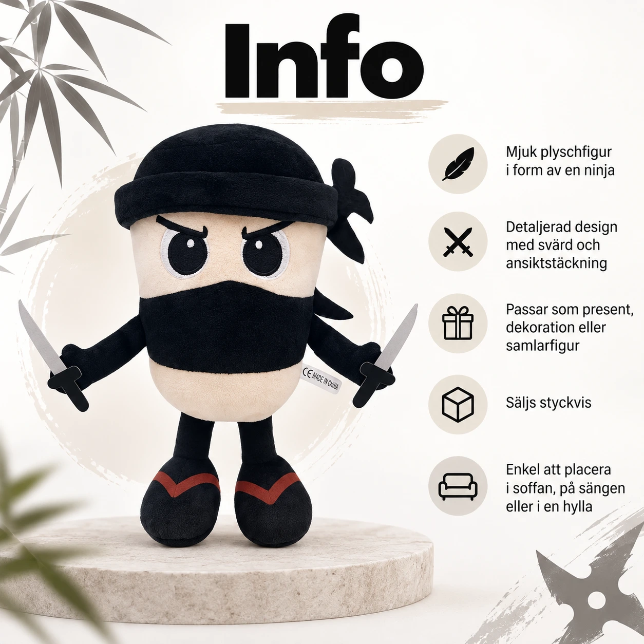Plyschfigur ninja med svärd, 24 cm