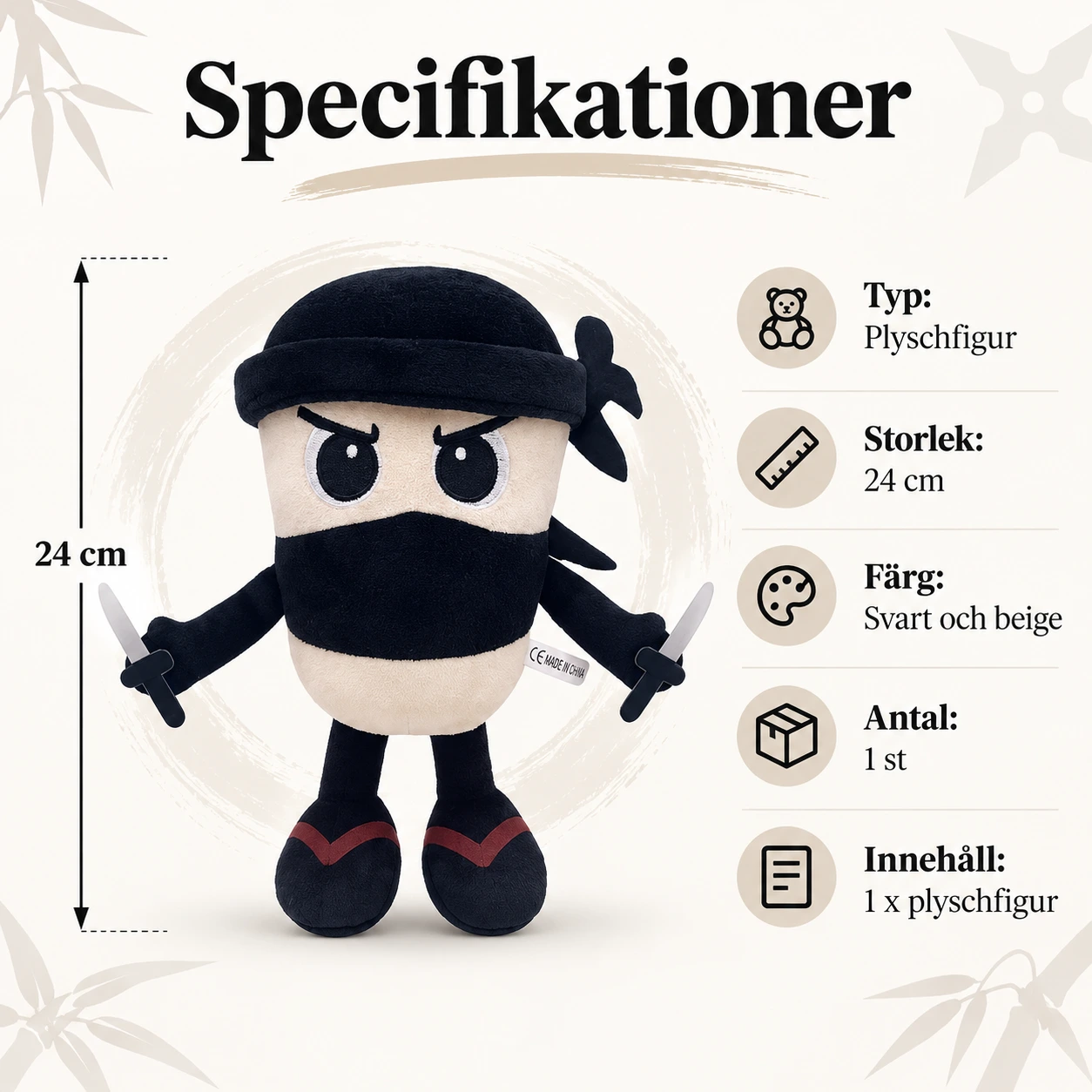 Plyschfigur ninja med svärd, 24 cm