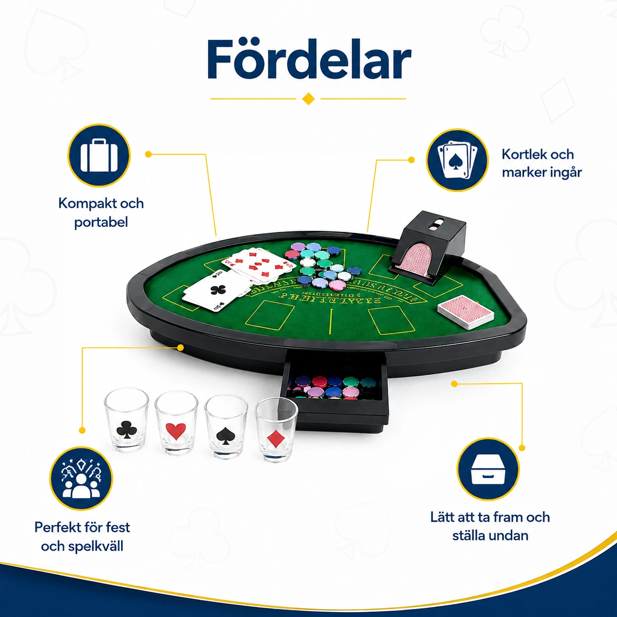 Mini pokerset för fest och spel med kort och marker