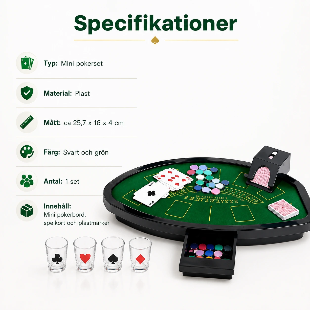 Mini pokerset för fest och spel med kort och marker