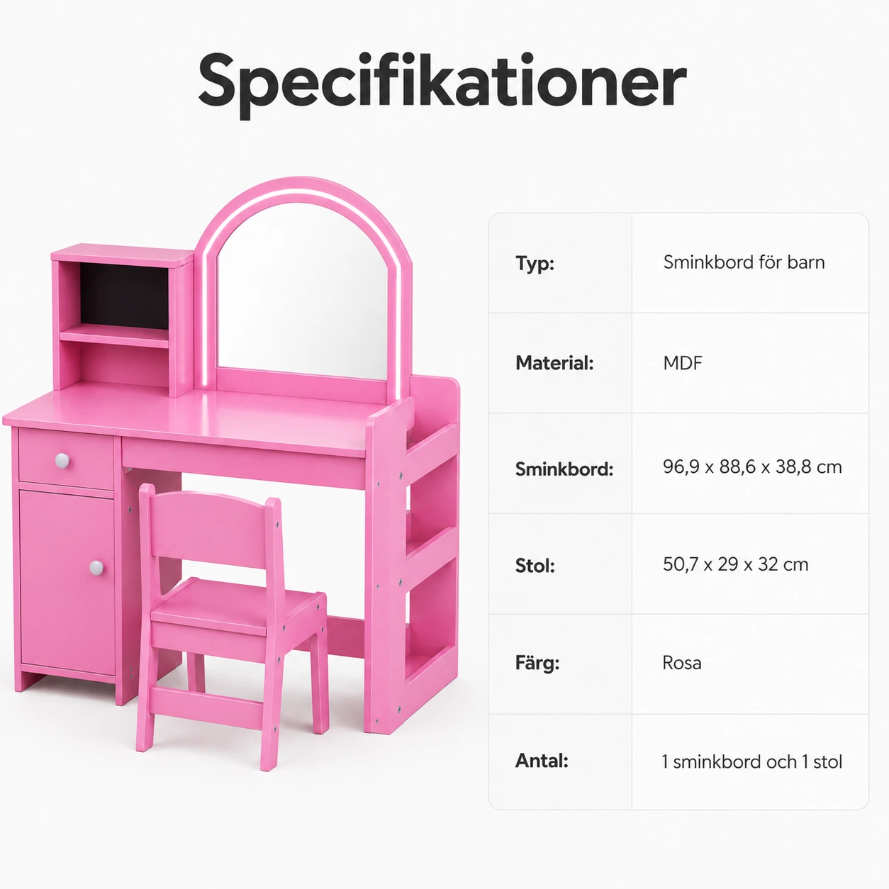 Sminkbord för barn med spegel, stol och LED-belysning
