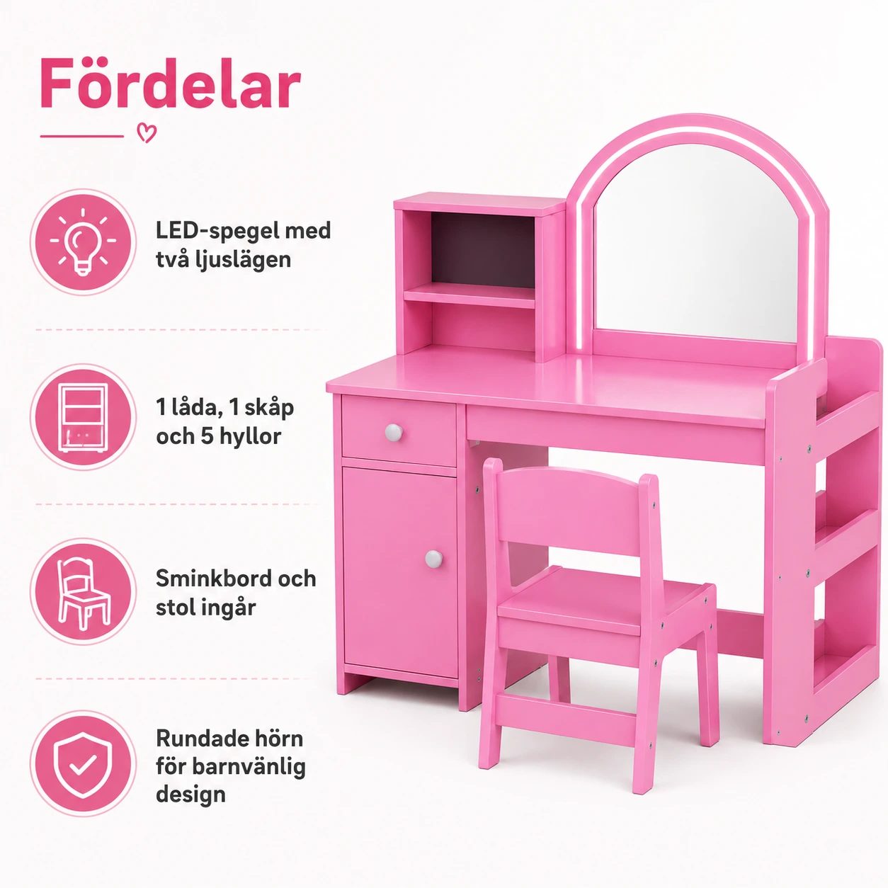 Sminkbord för barn med spegel, stol och LED-belysning