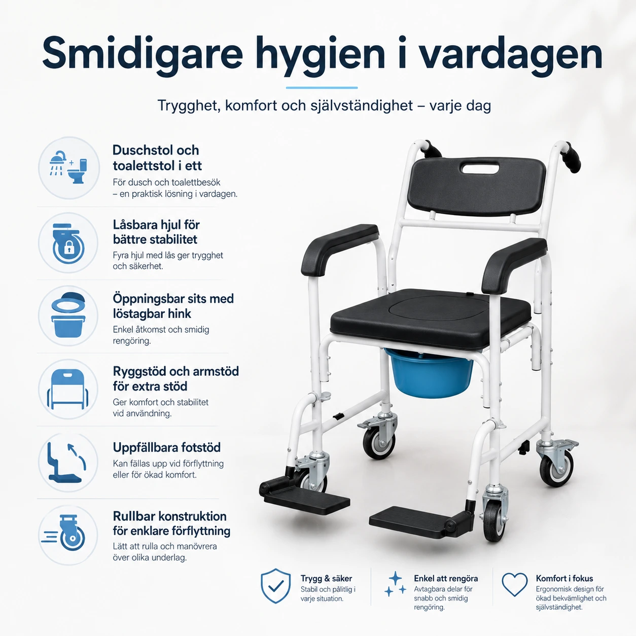 Dusch- och toalettstol med hjul och fotstöd