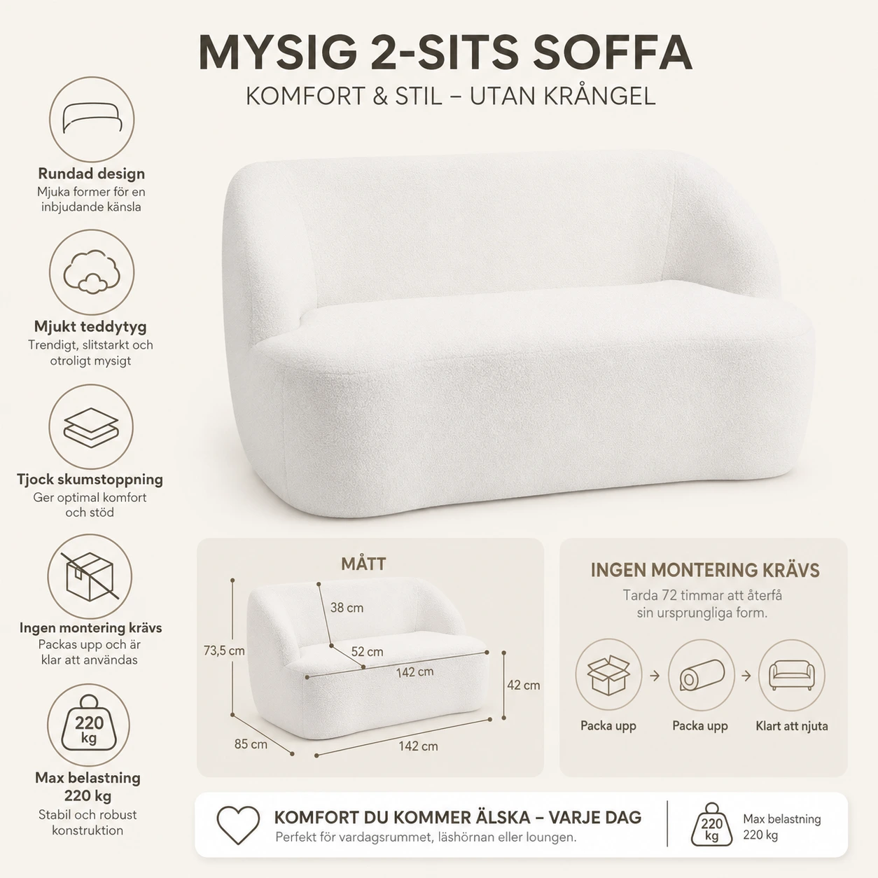 2-Sitssoffa i Teddy Vit 142 cm med Rundad Design