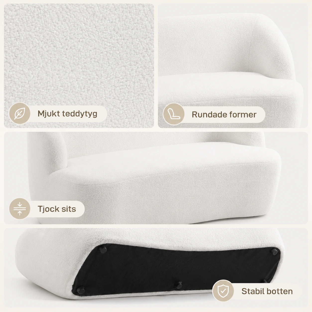 2-Sitssoffa i Teddy Vit 142 cm med Rundad Design