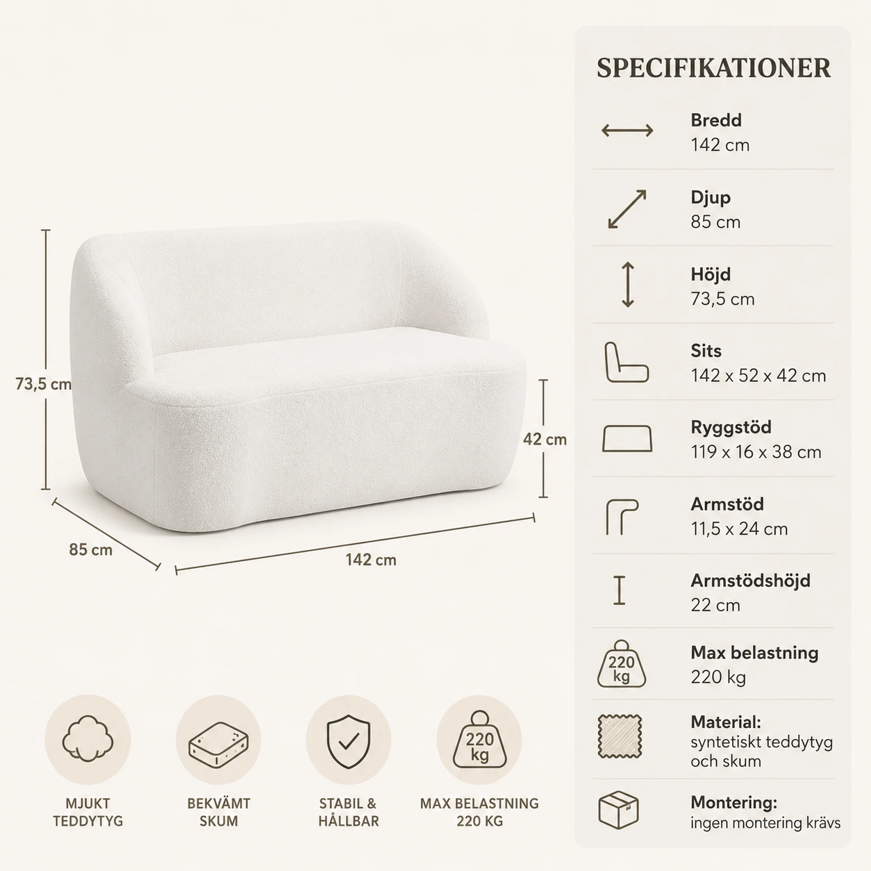 2-Sitssoffa i Teddy Vit 142 cm med Rundad Design