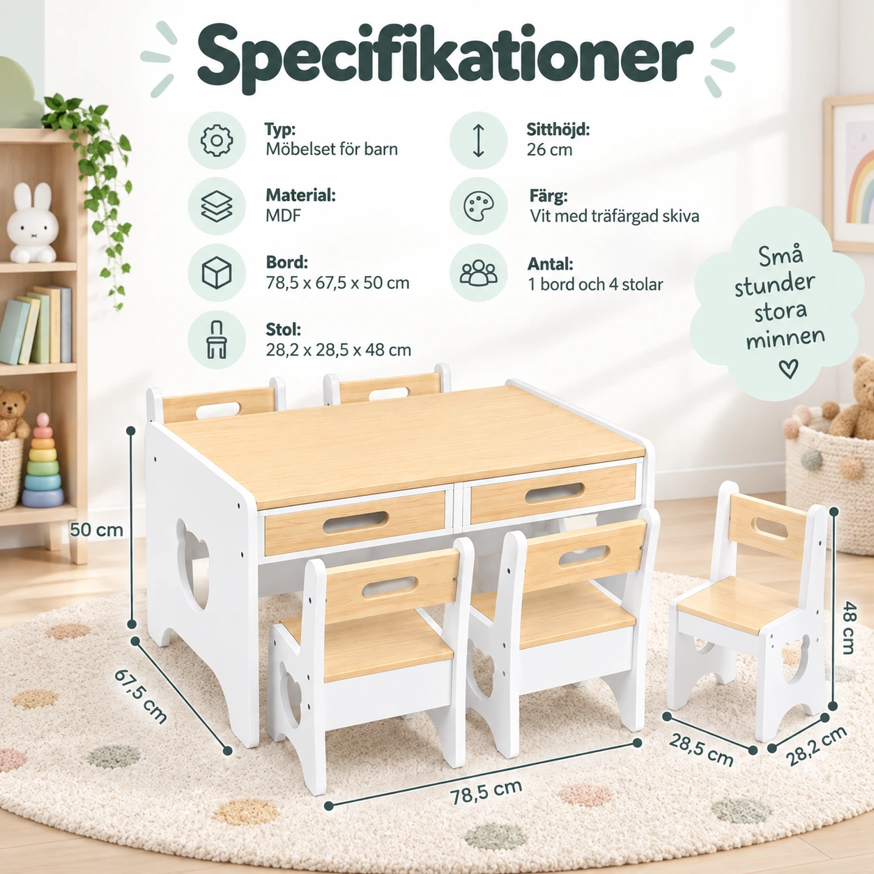 Barnbord med 4 stolar och 2 lådor, vit