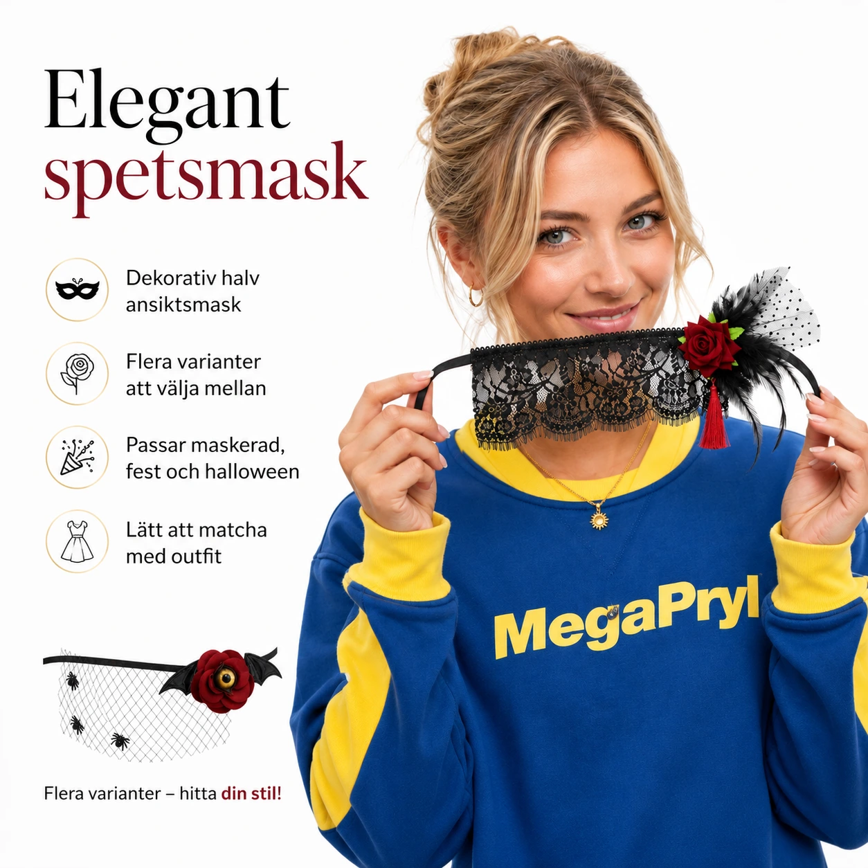 Spetsmask för maskerad och fest i flera varianter