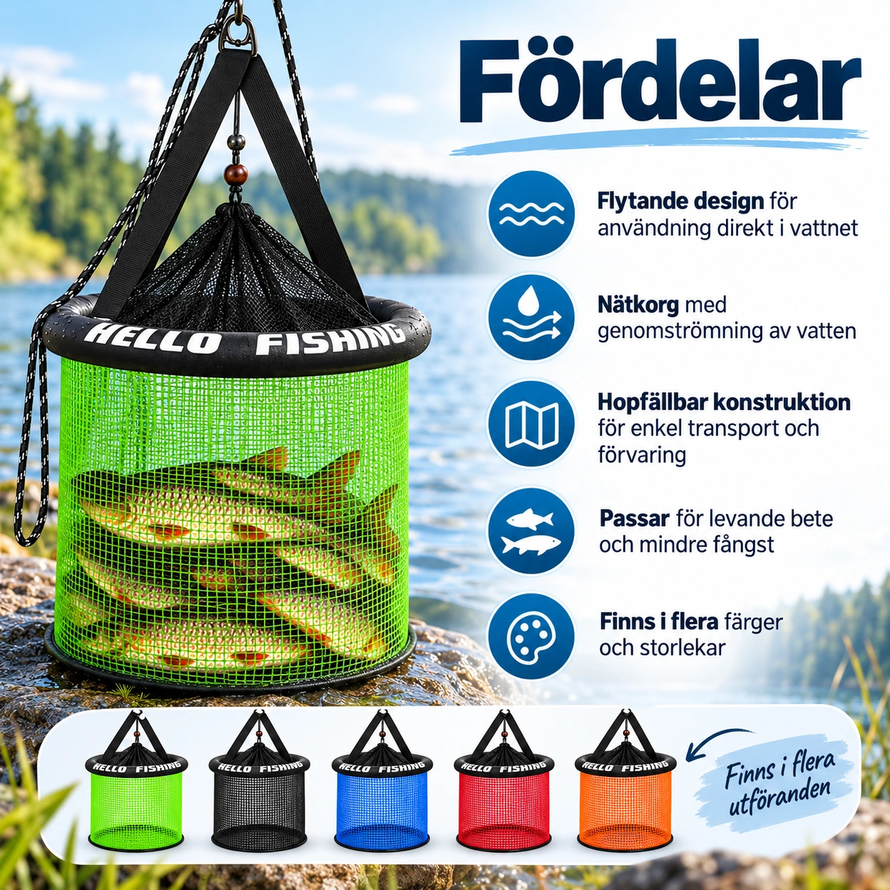 Flytande fiskkorg för levande bete och mindre fångst