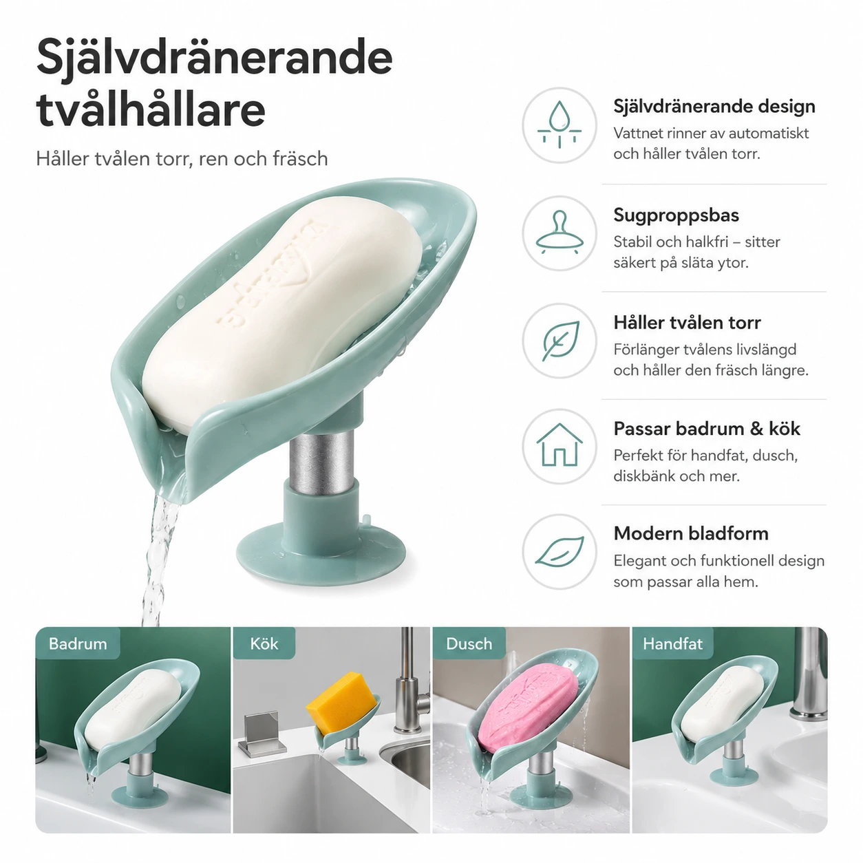 Självdränerande Tvålhållare i Bladform med Sugpropp