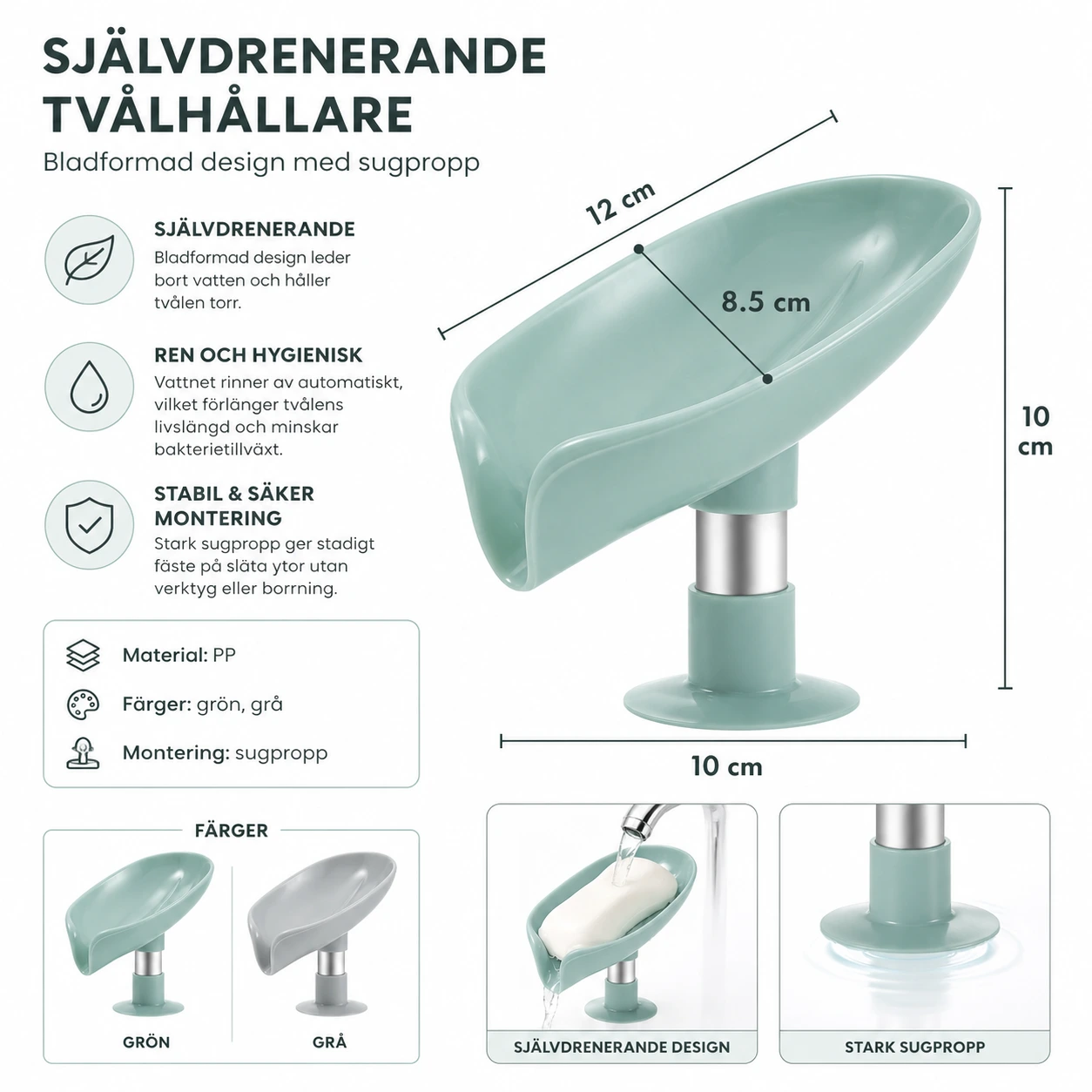 Självdränerande Tvålhållare i Bladform med Sugpropp