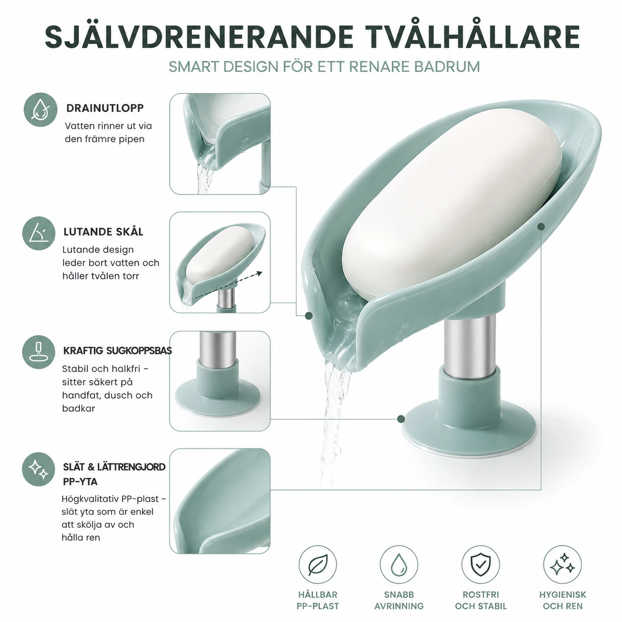 Självdränerande Tvålhållare i Bladform med Sugpropp