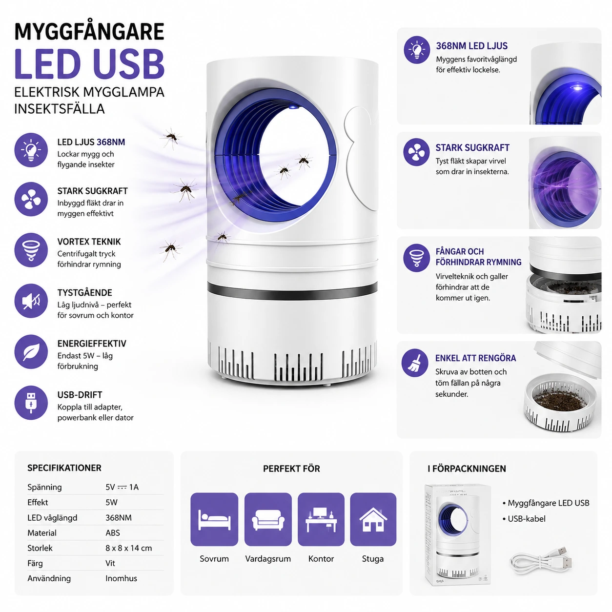 Myggfångare LED USB – Elektrisk Mygglampa Insektsfälla