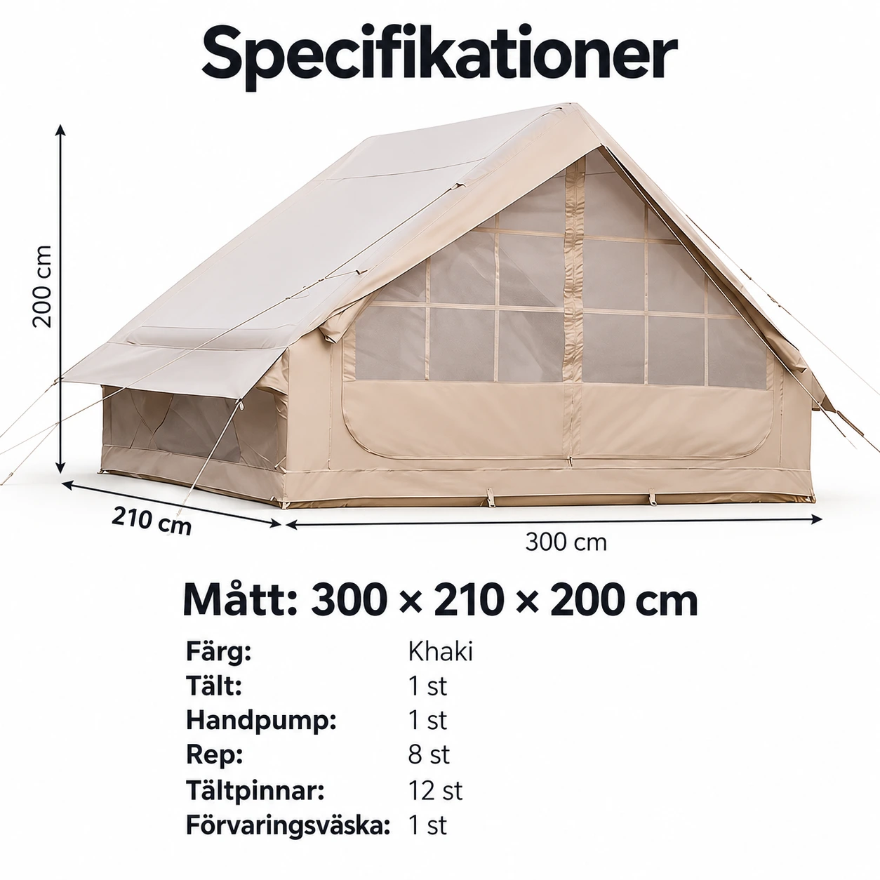 Uppblåsbart campingtält med handpump och stove jack