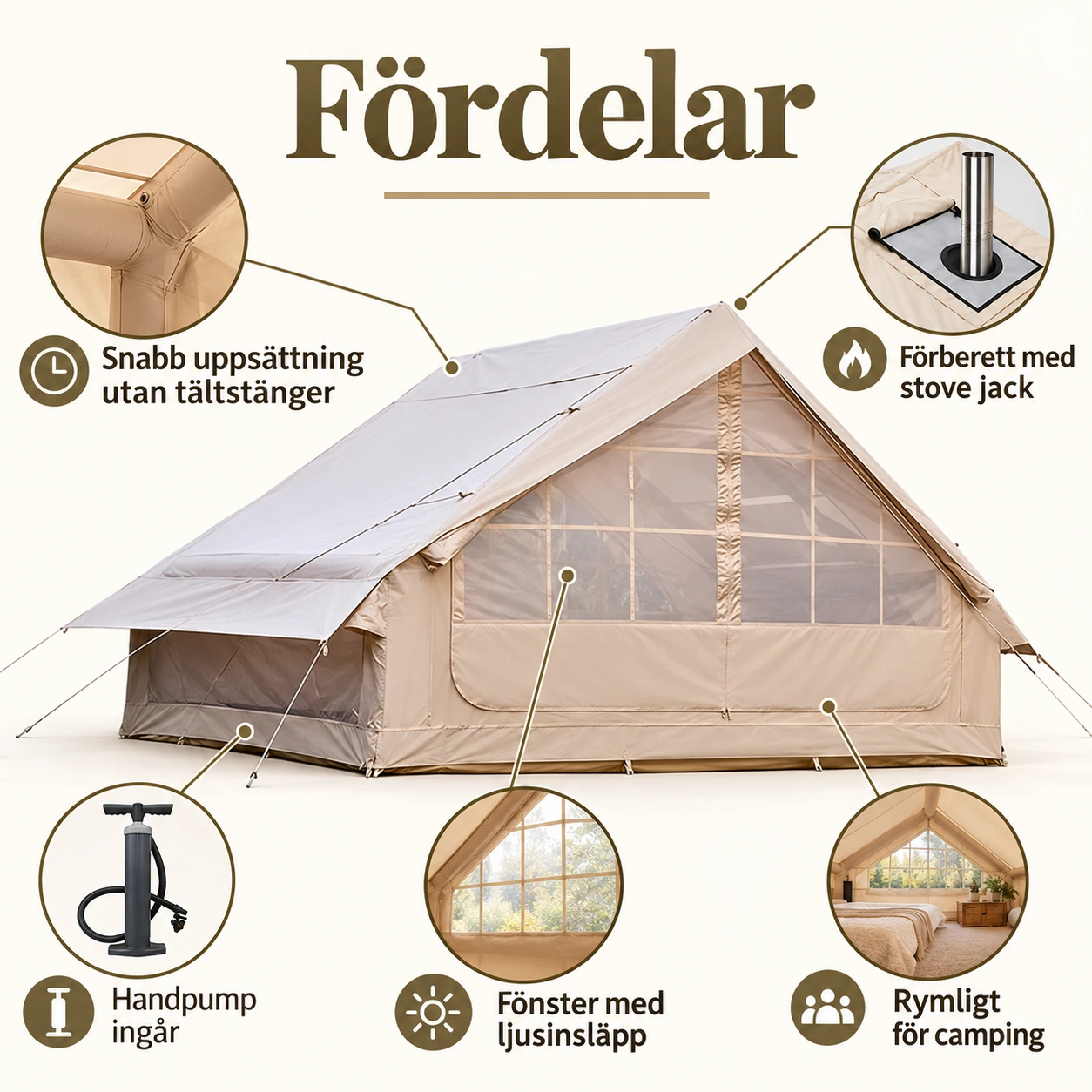 Uppblåsbart campingtält med handpump och stove jack
