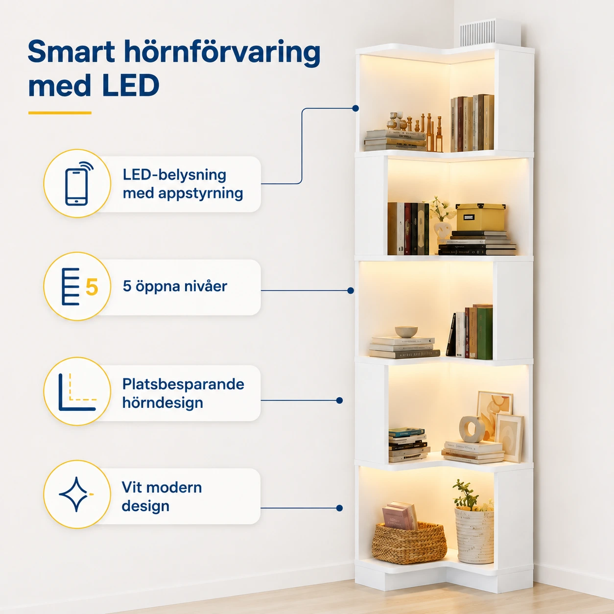 Hörnhylla med LED-belysning, 5 nivåer, vit