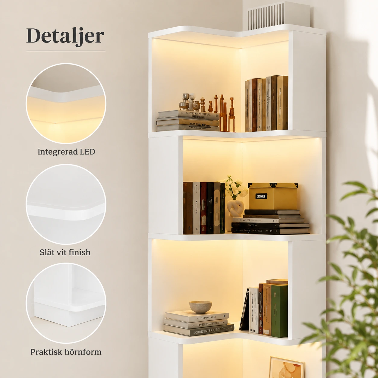 Hörnhylla med LED-belysning, 5 nivåer, vit