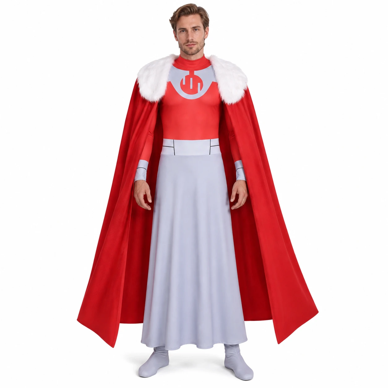 Punainen ja harmaa supersankaricosplayasu