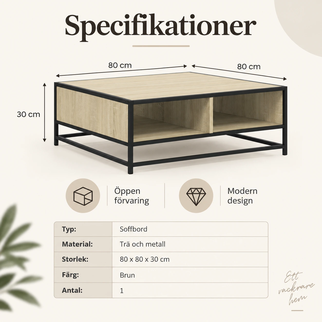 Soffbord med förvaring 80 x 80 cm i brun trälook