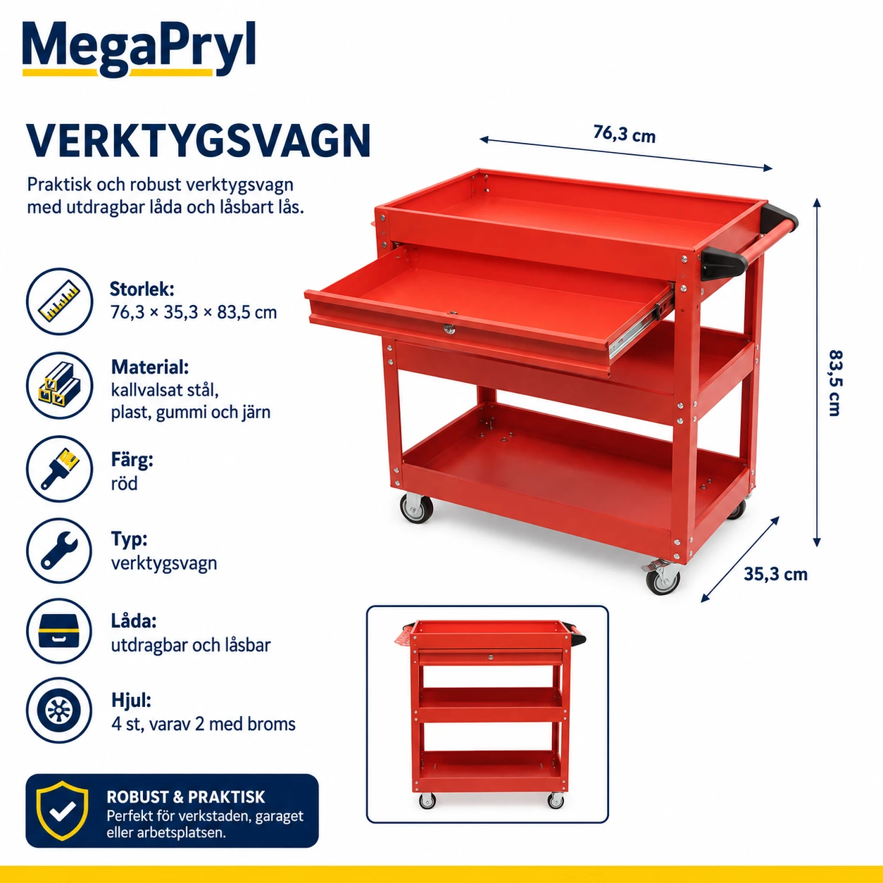 Verktygsvagn med 3 hyllplan och låsbar låda