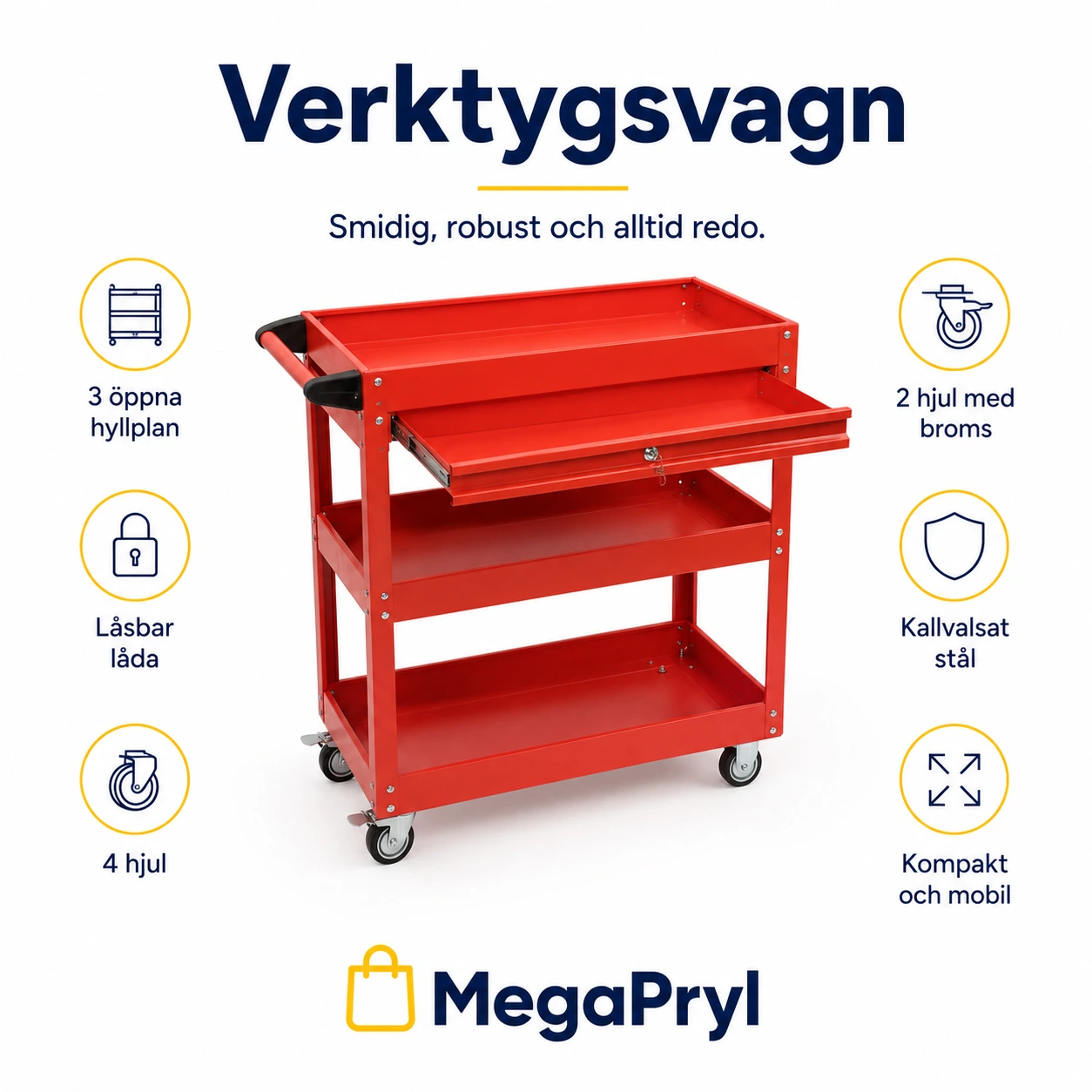 Verktygsvagn med 3 hyllplan och låsbar låda