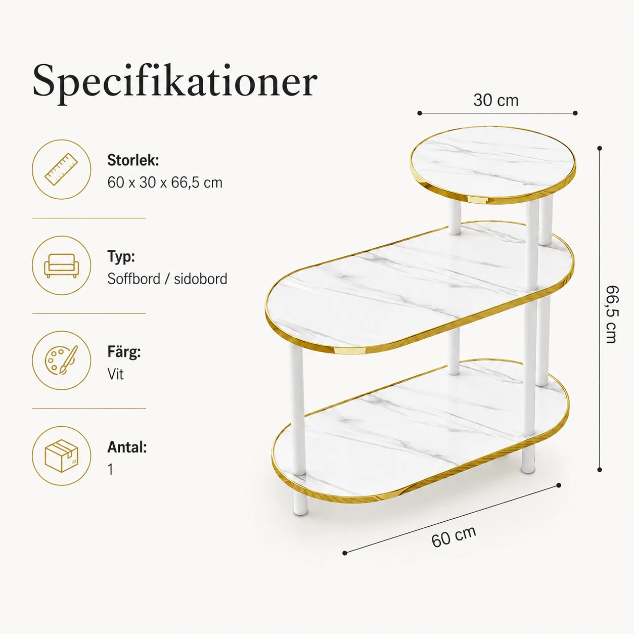 Soffbord i 3 nivåer för vardagsrum, vit