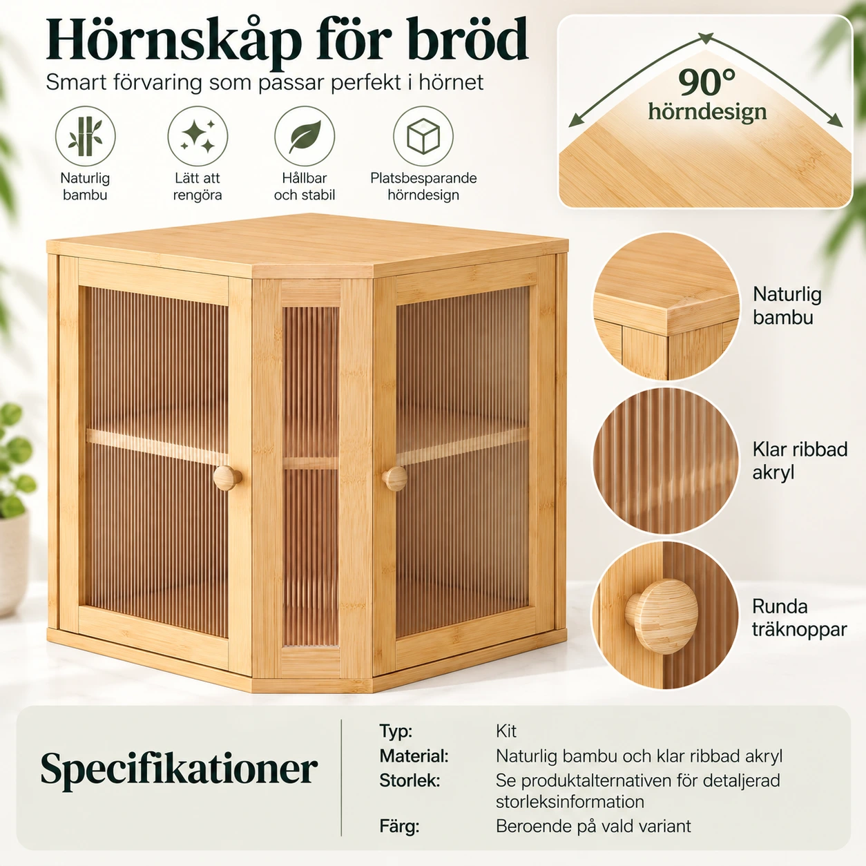 Brödlåda i bambu för kök med ribbade akryldörrar