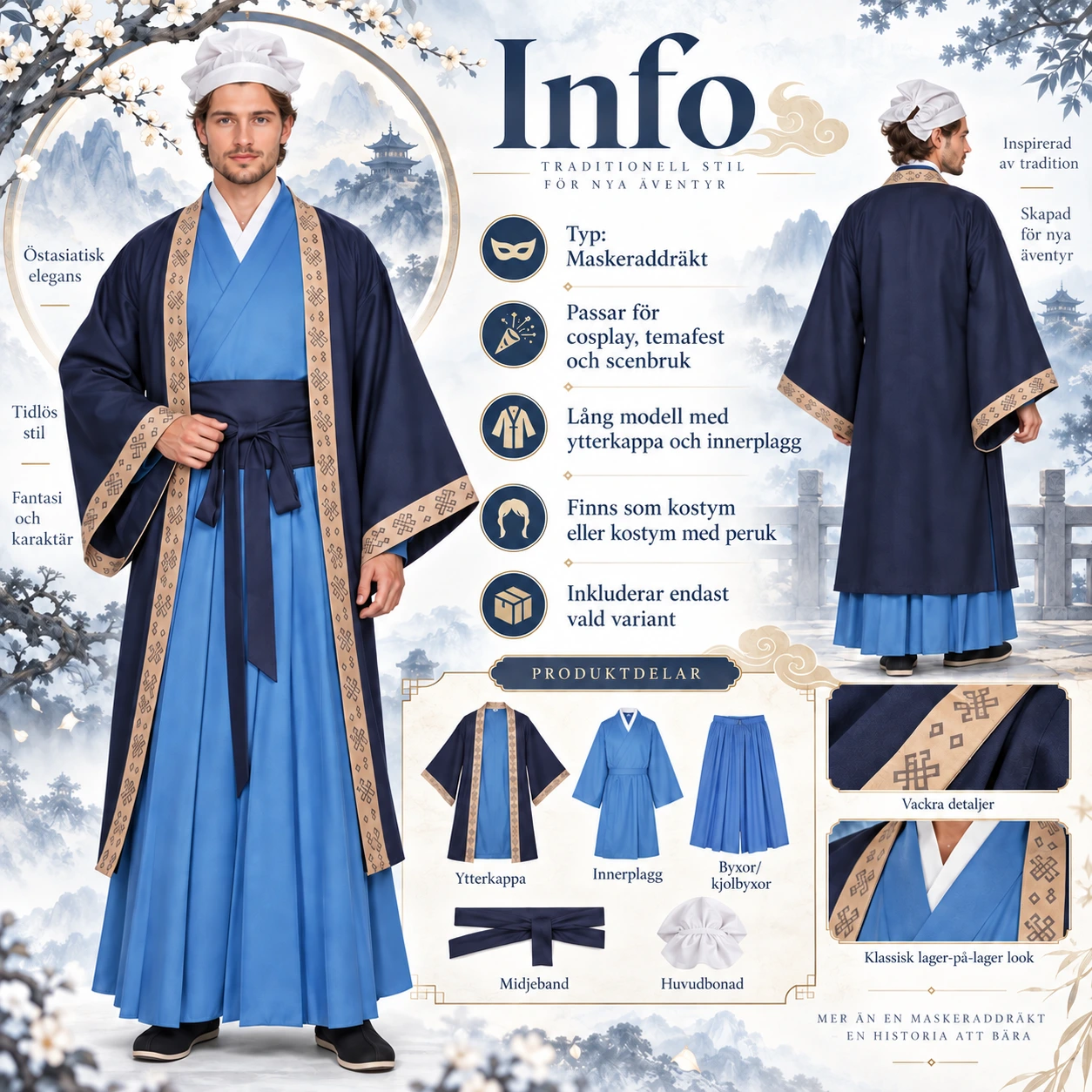 Traditionell Blå Hanfu Rob med Ytterkappa och Midjebälte