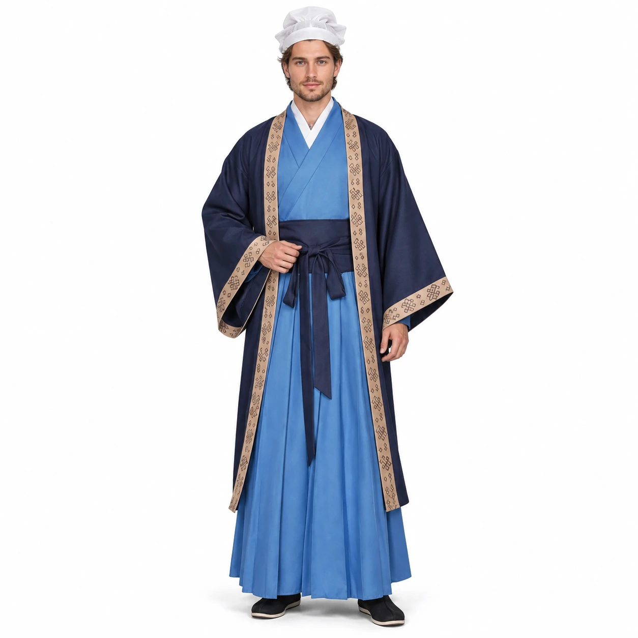 Traditionell Blå Hanfu Rob med Ytterkappa och Midjebälte