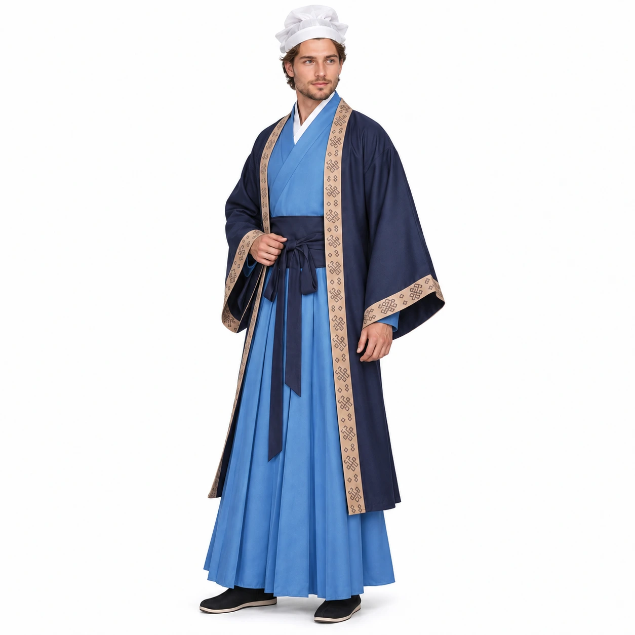 Traditionell Blå Hanfu Rob med Ytterkappa och Midjebälte