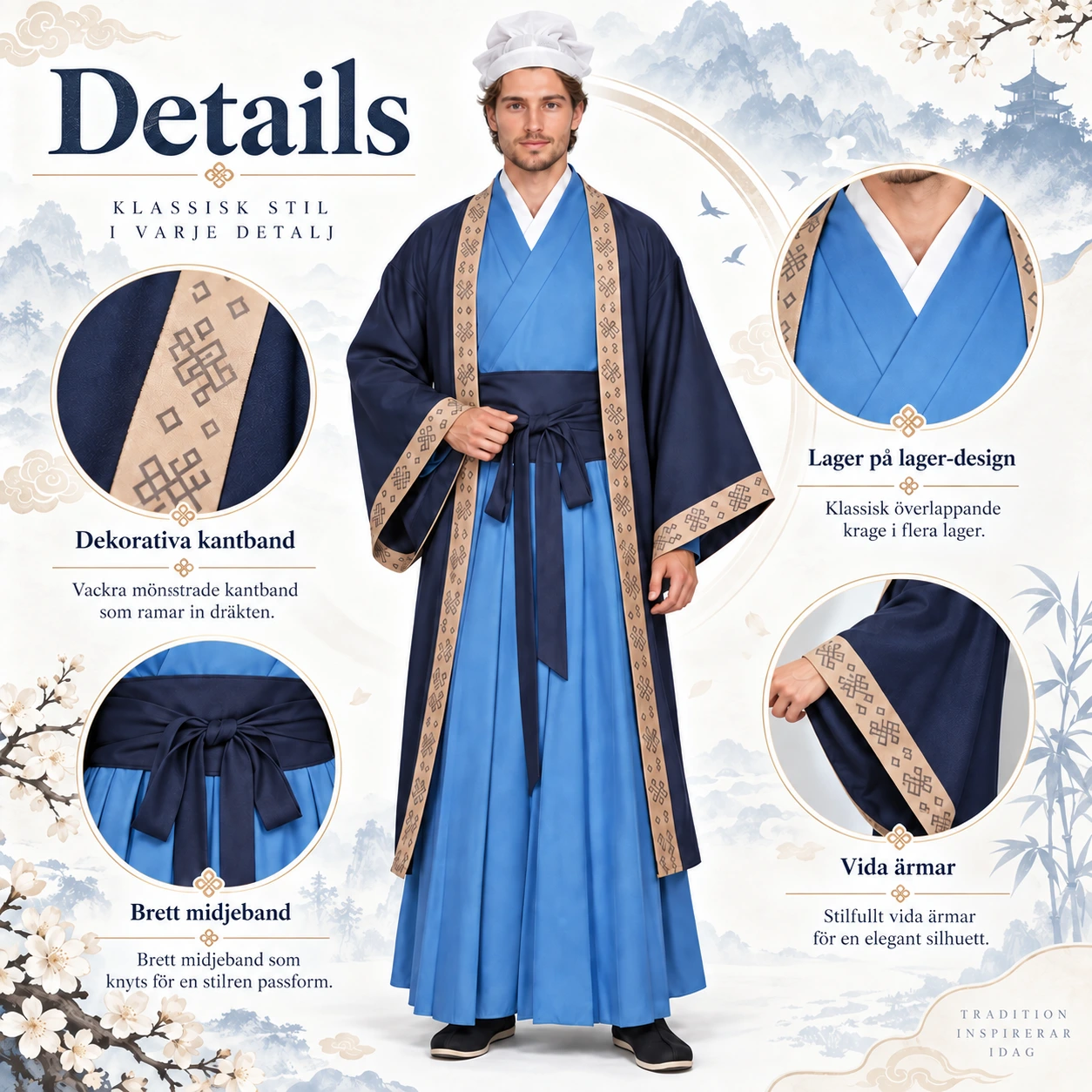 Traditionell Blå Hanfu Rob med Ytterkappa och Midjebälte