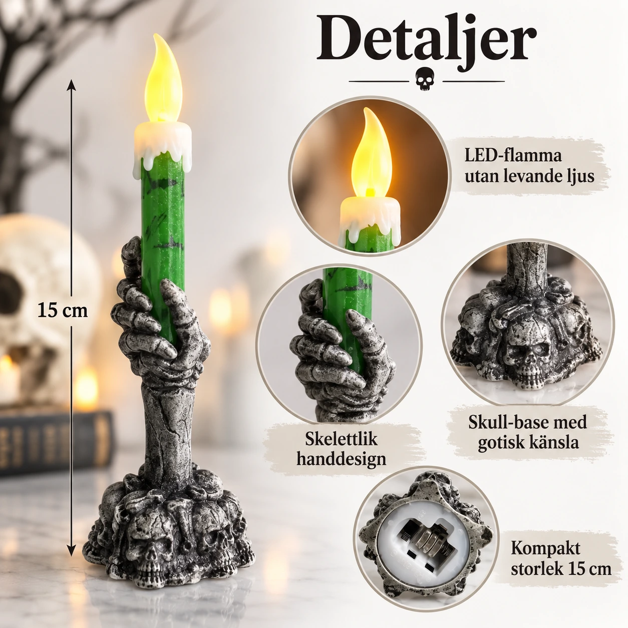 LED-kynttiläkoriste luurankokädellä – 15 cm