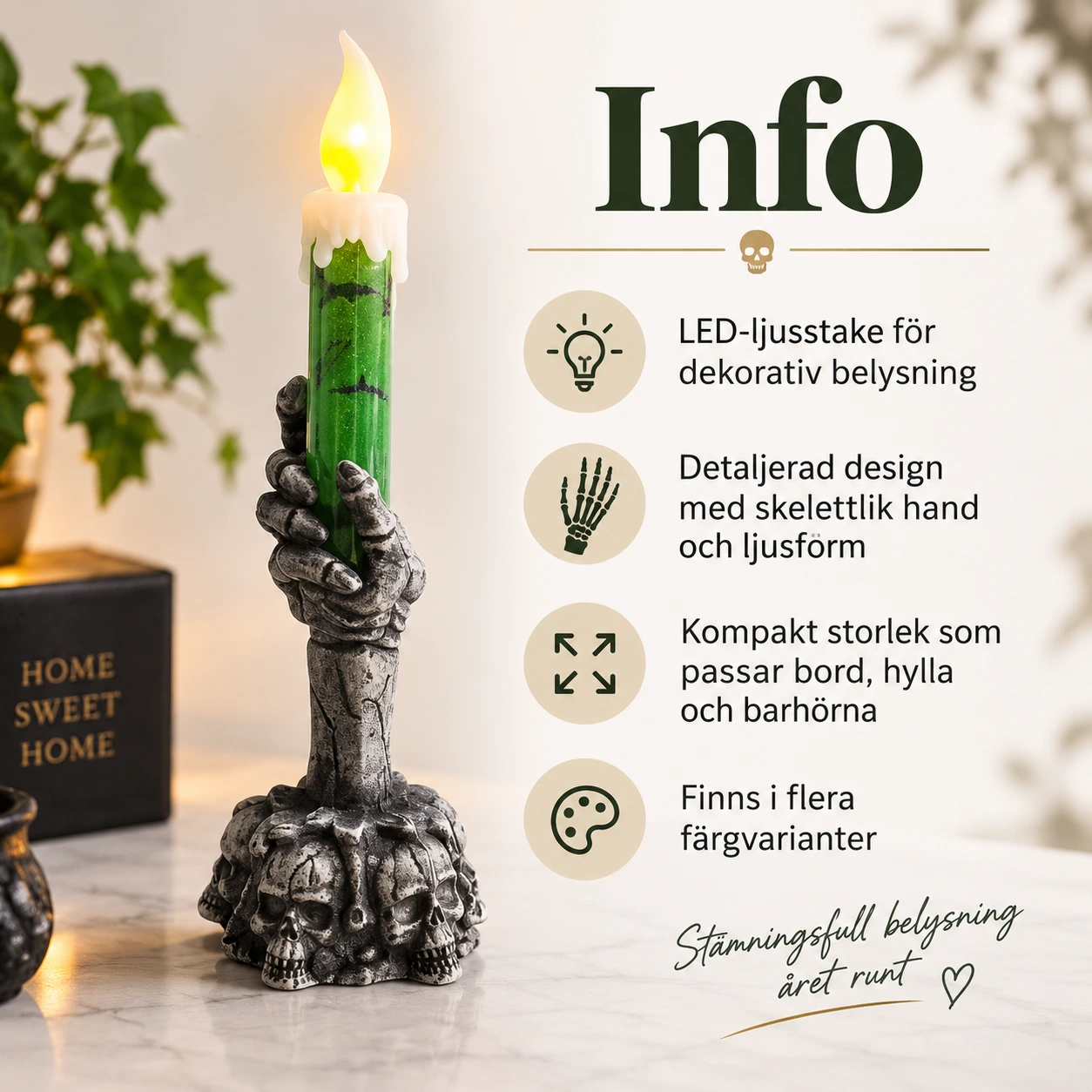 LED-ljusstake med skelettmotiv för bord, 15 cm
