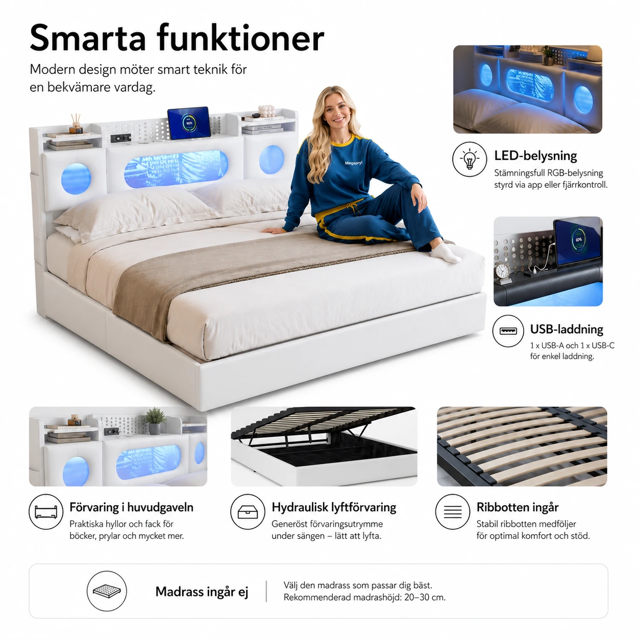 Förvaringssäng med LED, USB och Förvaring